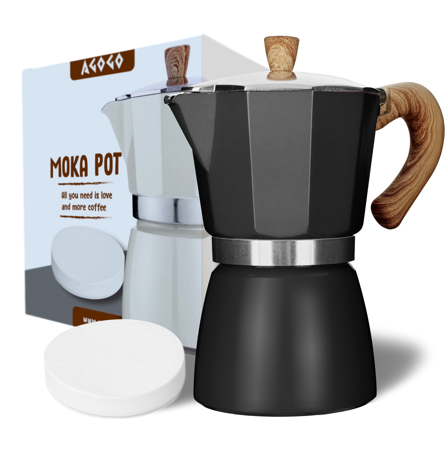 AGOGO Moka pot, Stovetop Espresso maker, Greca Coffee Maker, Stovetop With Paper Filter 6 Cup Black