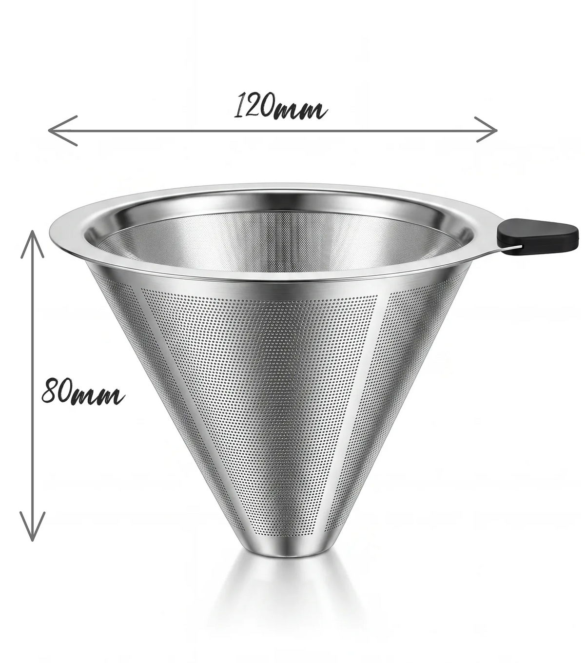 Dimension specifications of the AGOGO medium stainless steel coffee cone filter, showing a top outer diameter of 120 millimeters and a vertical height of 80 millimeters.