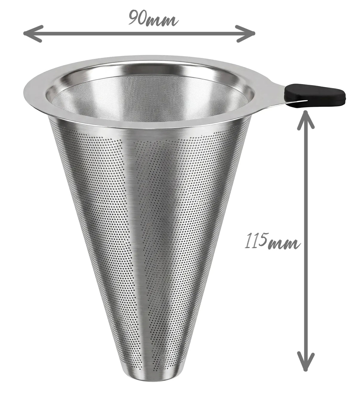 Dimension specifications of the AGOGO slim stainless steel coffee cone filter, displaying a top outer diameter of 90 millimeters and a tall vertical height of 115 millimeters.