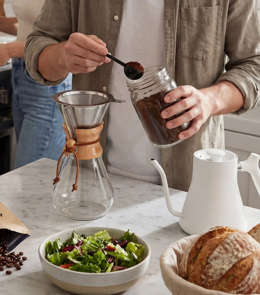 A man in a bright kitchen scooping fresh coffee grounds into an AGOGO 90mm slim stainless steel filter placed on a glass carafe, next to a modern white gooseneck kettle.