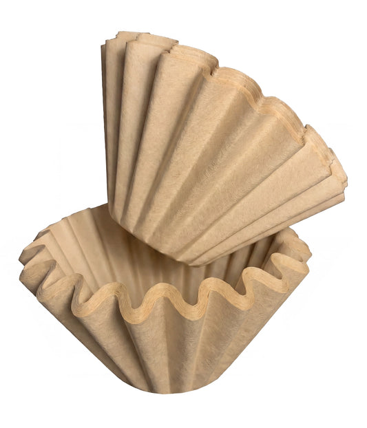 Close-up of brown wave coffee filters highlighting their chemical-free, food-grade purified taste.