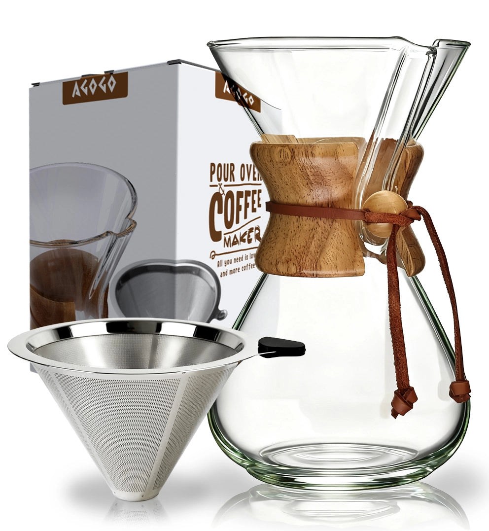 AGOGO classic glass pour over coffee maker set featuring a 34oz thermal carafe, dual-layer stainless steel filter, and minimalist white packaging.