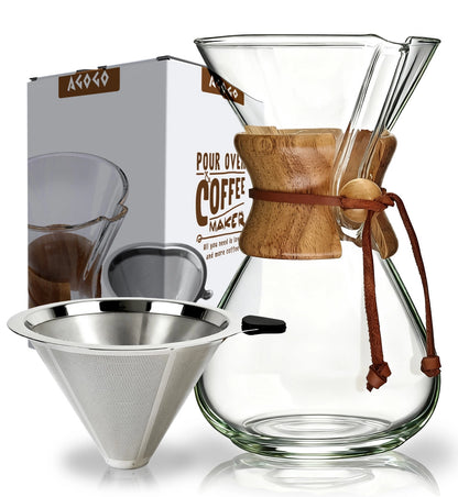 AGOGO classic glass pour over coffee maker set featuring a 34oz thermal carafe, dual-layer stainless steel filter, and minimalist white packaging.