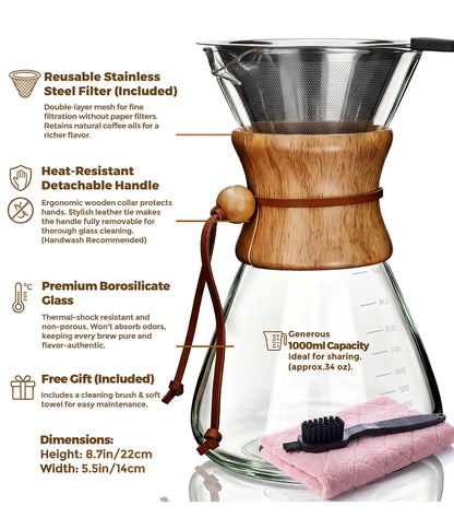 Technical specifications of the AGOGO 1000ml slim pour over coffee maker, highlighting the generous 34oz capacity, heat-resistant wooden collar, and premium borosilicate glass.