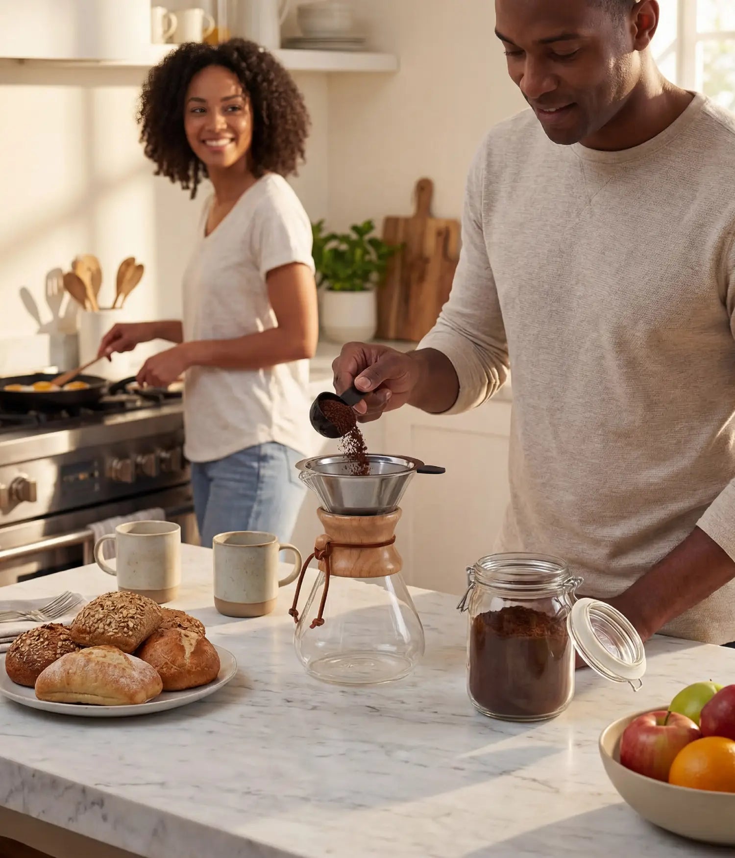 Couple enjoying a relaxed morning, adding coffee grounds into the large capacity AGOGO 1000ml slim pour over dripper in a sunlit home kitchen.