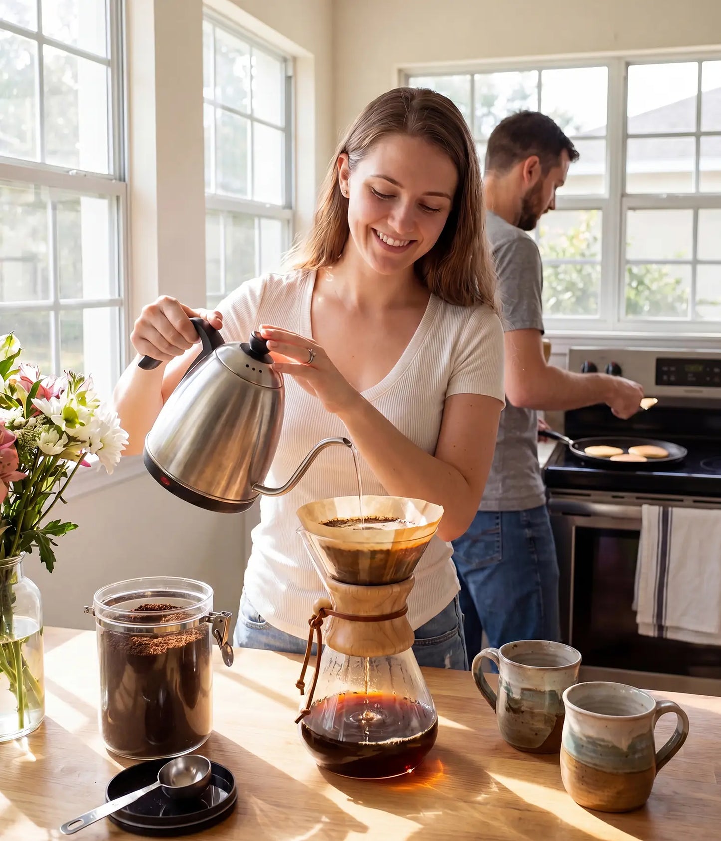 Smiling woman brewing her morning coffee with the large capacity AGOGO 1000ml slim pour over dripper and paper filter in a warm, sunlit earth-tone kitchen.