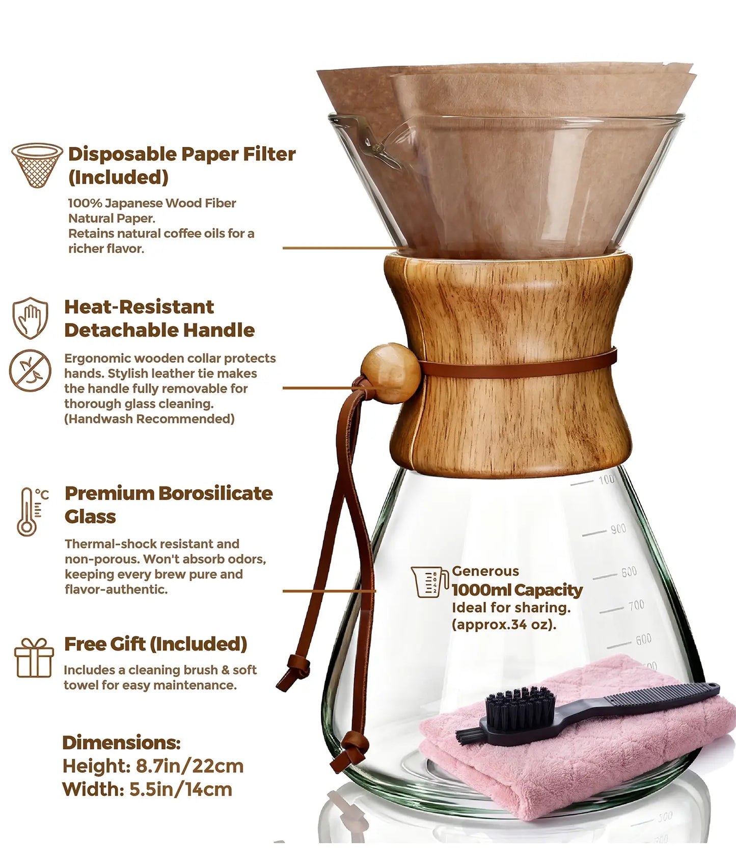 Technical specifications of the AGOGO 1000ml slim pour over coffee maker, highlighting the generous 34oz capacity, heat-resistant wooden collar, and included Japanese wood fiber paper filters.