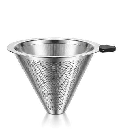AGOGO 120mm premium double-layer stainless steel pour-over coffee cone filter with a black silicone handle, isolated on a white background.
