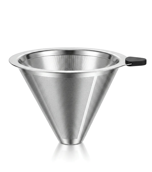 AGOGO 120mm premium double-layer stainless steel pour-over coffee cone filter with a black silicone handle, isolated on a white background.