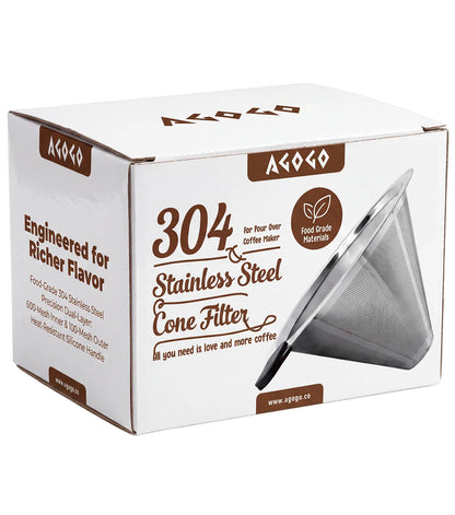 White retail packaging box for the AGOGO 304 stainless steel cone filter, highlighting its food-grade materials and 600-mesh precision dual-layer design for richer flavor.