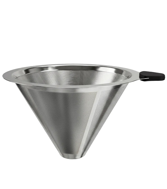 AGOGO premium double-layer stainless steel pour-over coffee cone filter featuring a heat-resistant black silicone handle, shown on a clean white background.