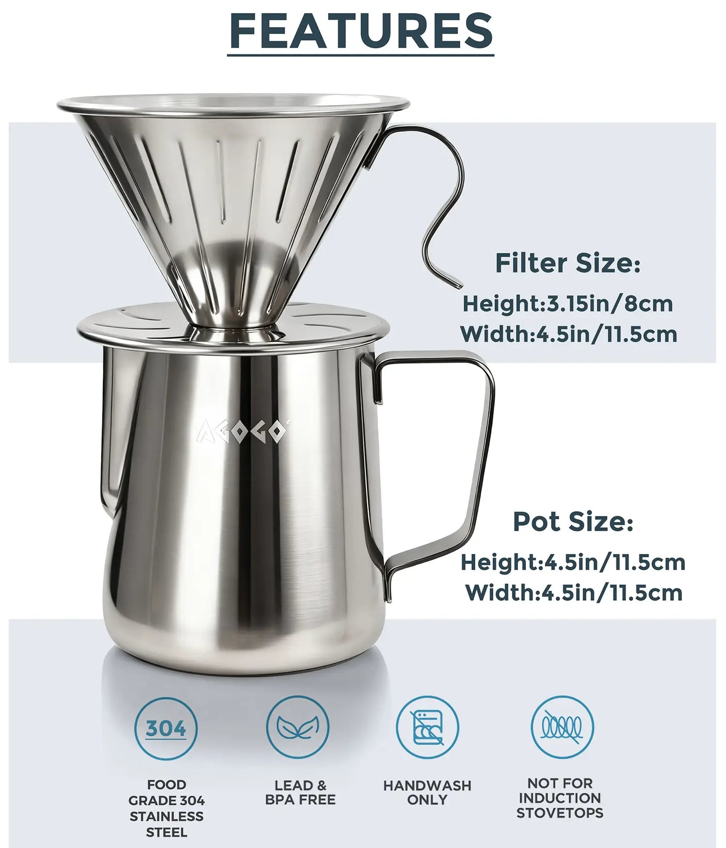 Technical specifications of the AGOGO 600ml brushed stainless steel pour over coffee maker, highlighting the durable food-grade 304 material, BPA-free construction, and dimensions.