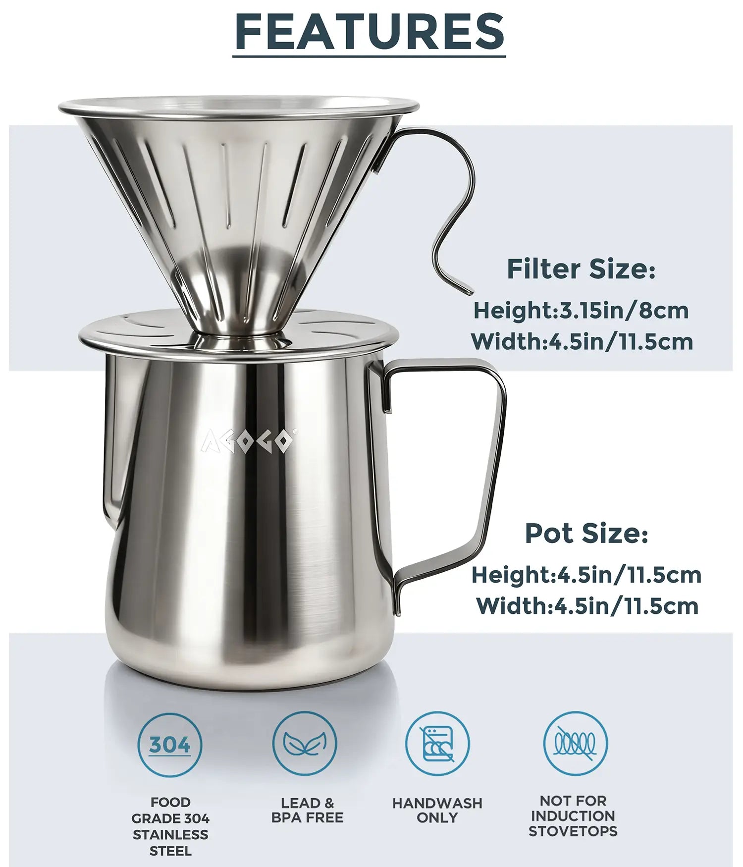 Technical specifications of the AGOGO 600ml brushed stainless steel pour over coffee maker, highlighting the durable food-grade 304 material, BPA-free construction, and dimensions.