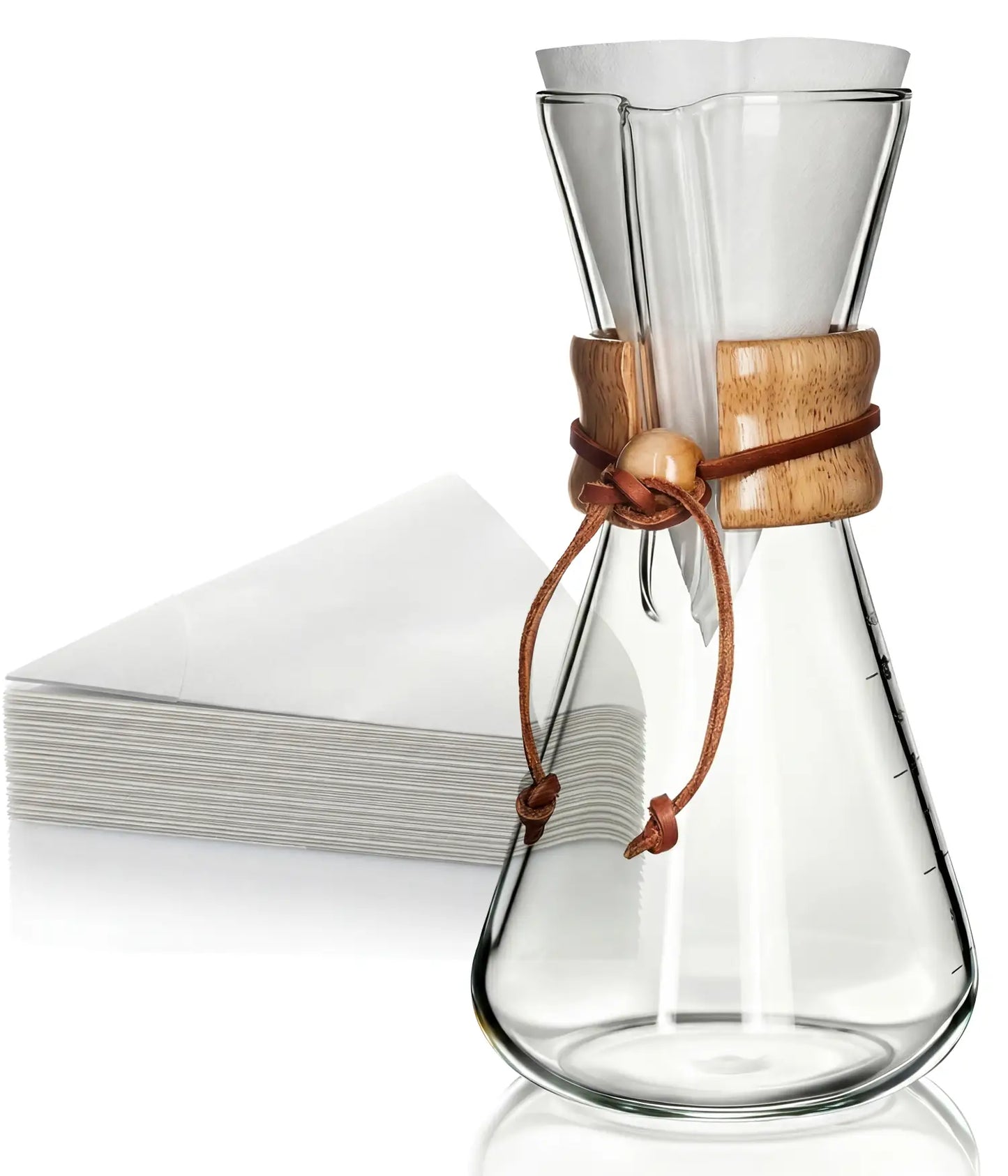 AGOGO 600ml glass pour over coffee maker set featuring a heat-resistant wooden collar and a stack of premium natural paper filters on a clean white background.