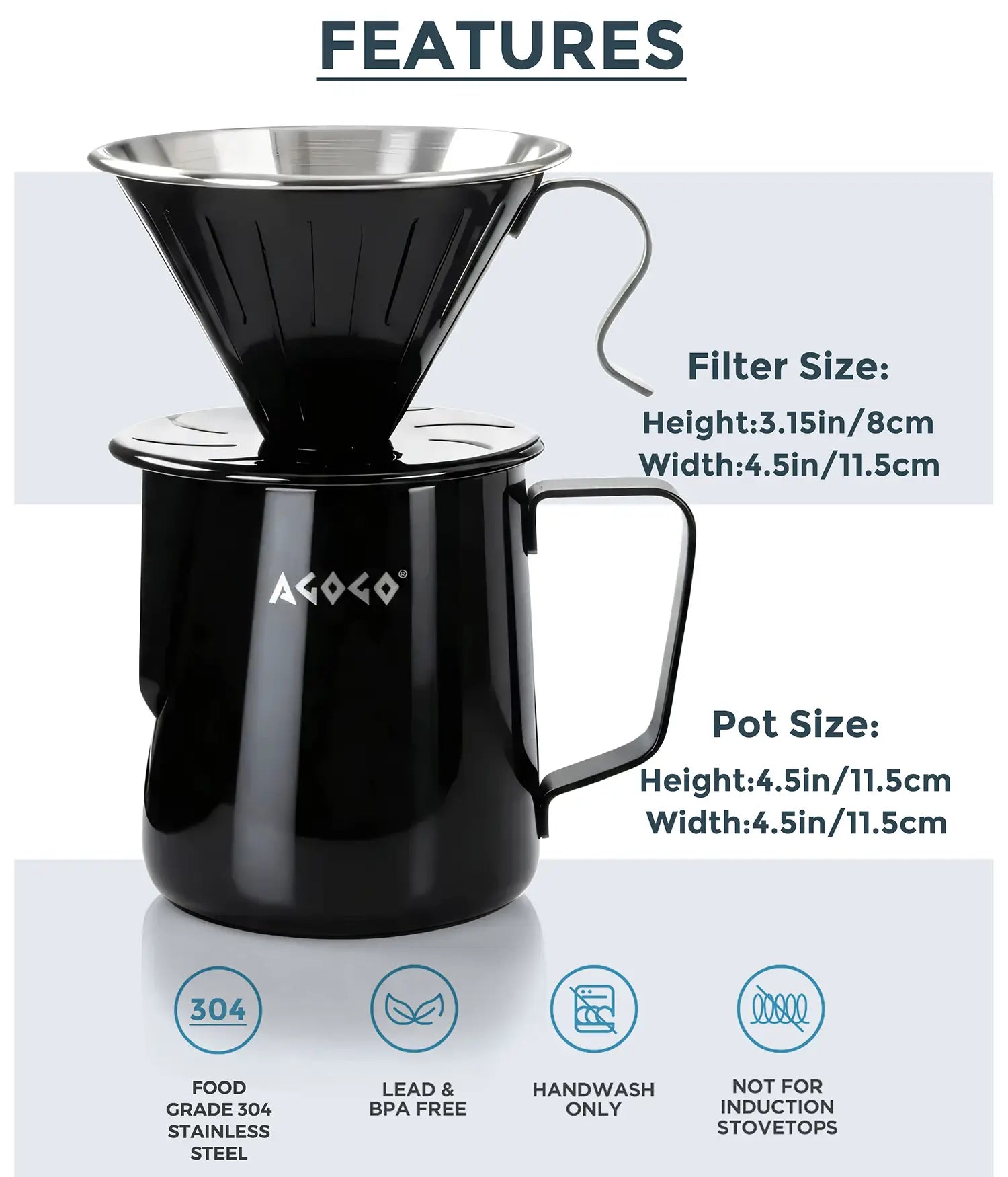 Technical specifications of the AGOGO 600ml matte black stainless steel pour over coffee maker, highlighting the food-grade 304 material, BPA-free construction, and detailed dimensions.