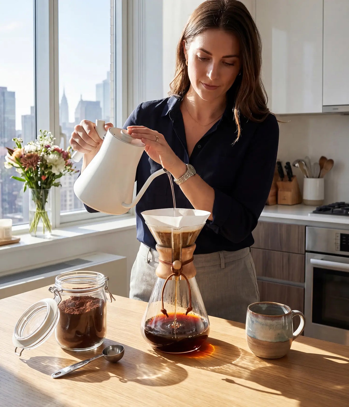 Woman brewing a bright, clean cup of coffee with the AGOGO 600ml pour over dripper and paper filter in a sunlit, earth-tone city apartment kitchen.