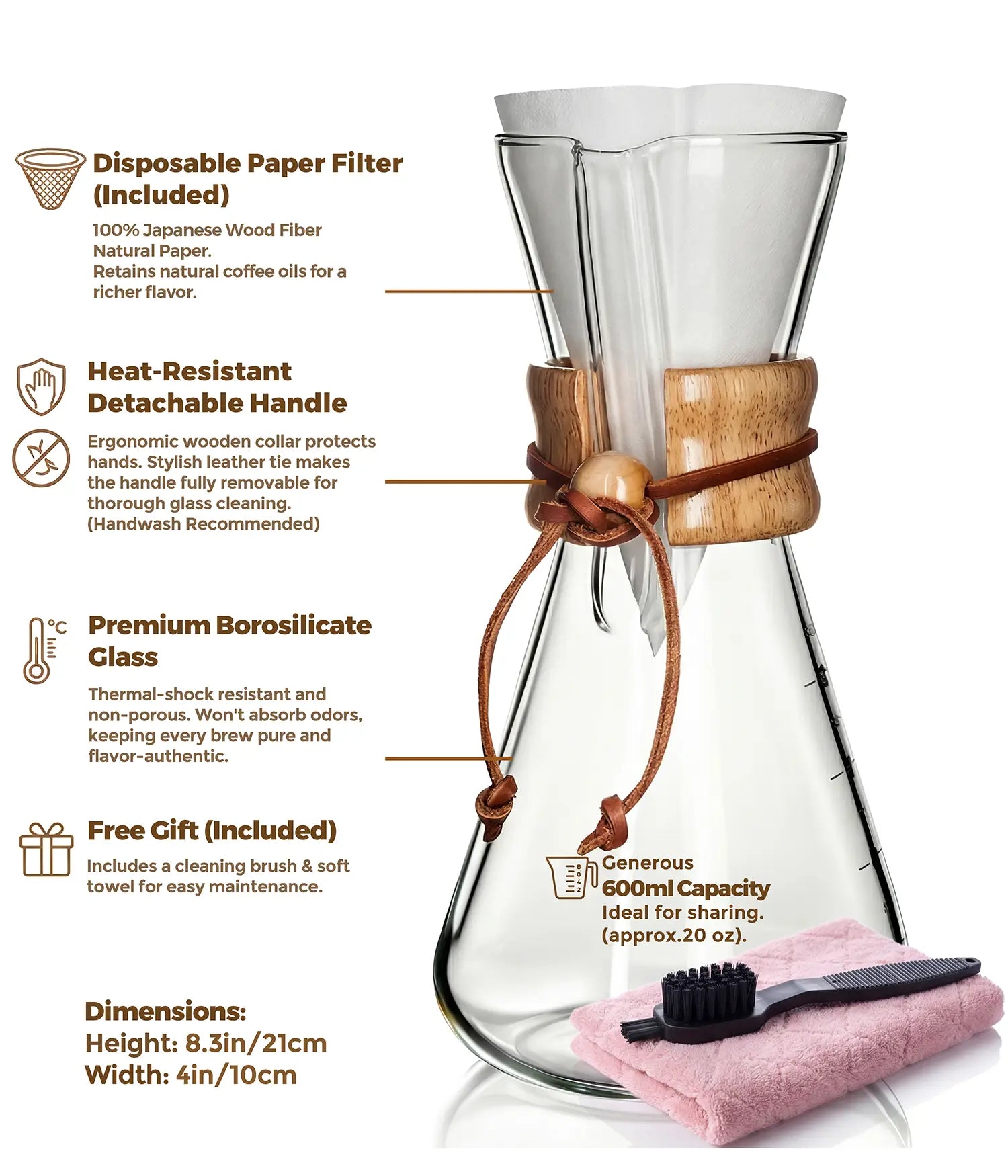 Technical specifications of the AGOGO 600ml pour over coffee maker, highlighting the premium borosilicate glass and 100% Japanese wood fiber paper filters.
