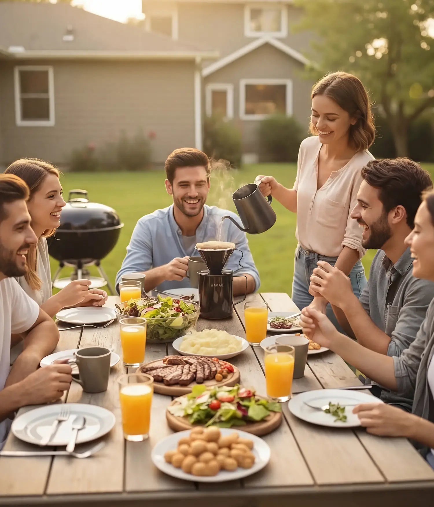 Group of friends sharing a joyful backyard BBQ gathering, pouring hot water into the durable AGOGO matte black stainless pour over dripper.