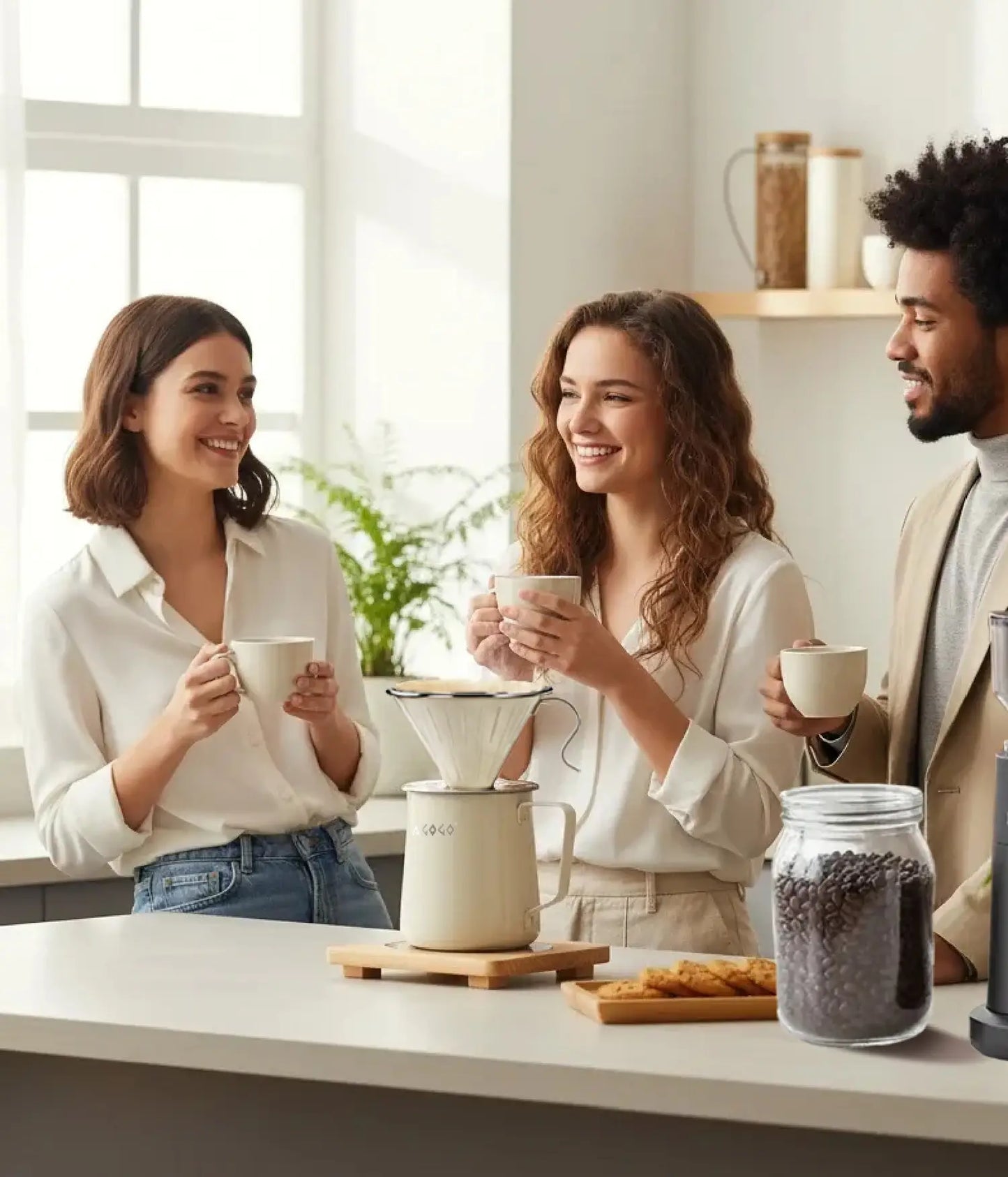 Colleagues happily chatting and sharing a fresh brew around a modern kitchen island, featuring the elegant AGOGO warm cream stainless pour over dripper.