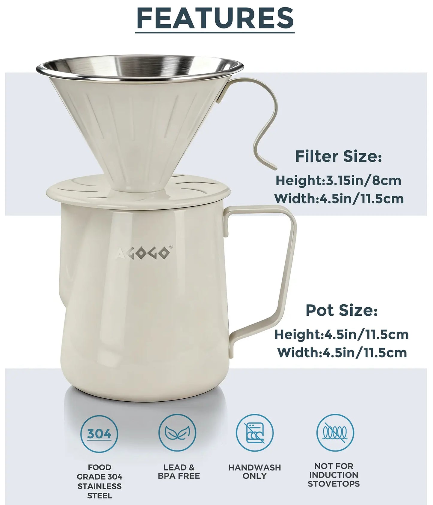 Technical specifications of the AGOGO 600ml warm cream stainless steel pour over coffee maker, highlighting the food-grade 304 material, BPA-free construction, and detailed dimensions.