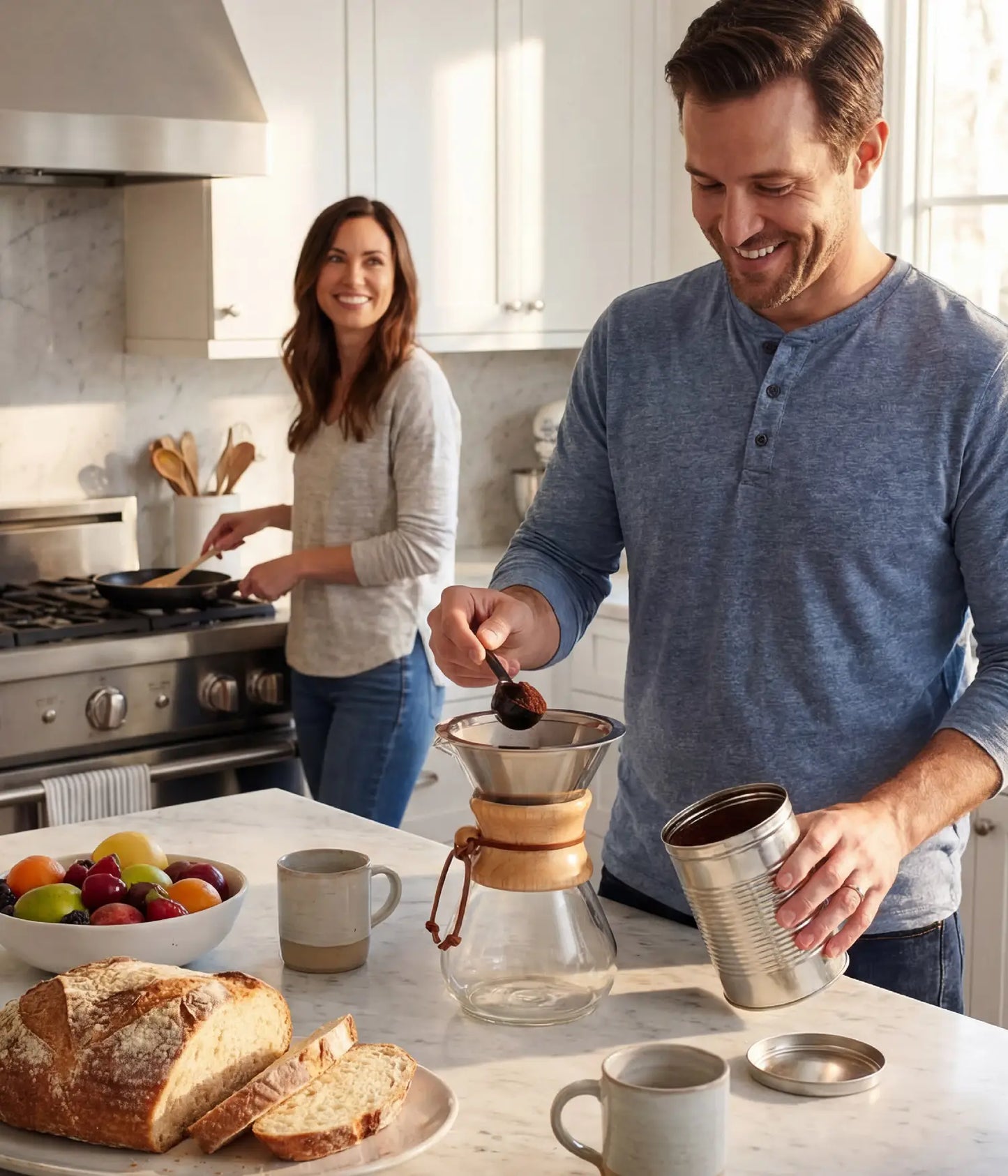 Happy couple brewing morning coffee in a bright, modern kitchen, adding fresh grounds into the AGOGO 800ml slim pour over dripper.
