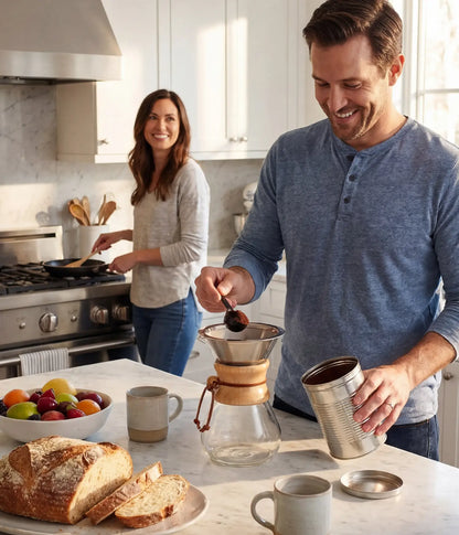 Happy couple brewing morning coffee in a bright, modern kitchen, adding fresh grounds into the AGOGO 800ml slim pour over dripper.