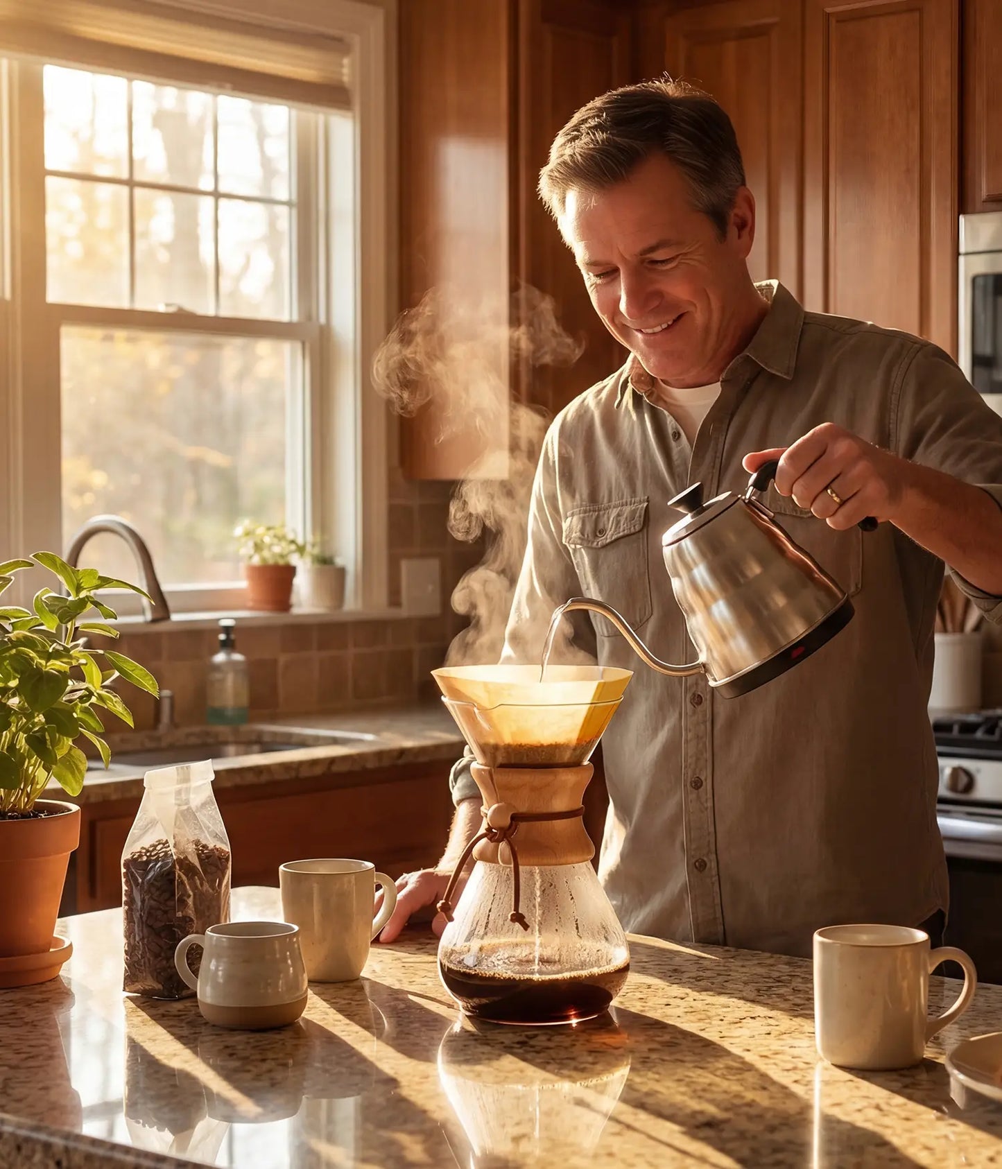 Smiling man brewing his morning coffee with the AGOGO 800ml slim pour over dripper and natural paper filter in a warm, sunlit earth-tone kitchen.