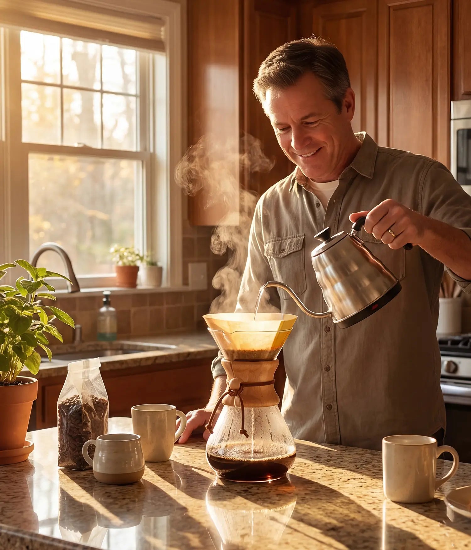 Smiling man brewing his morning coffee with the AGOGO 800ml slim pour over dripper and natural paper filter in a warm, sunlit earth-tone kitchen.
