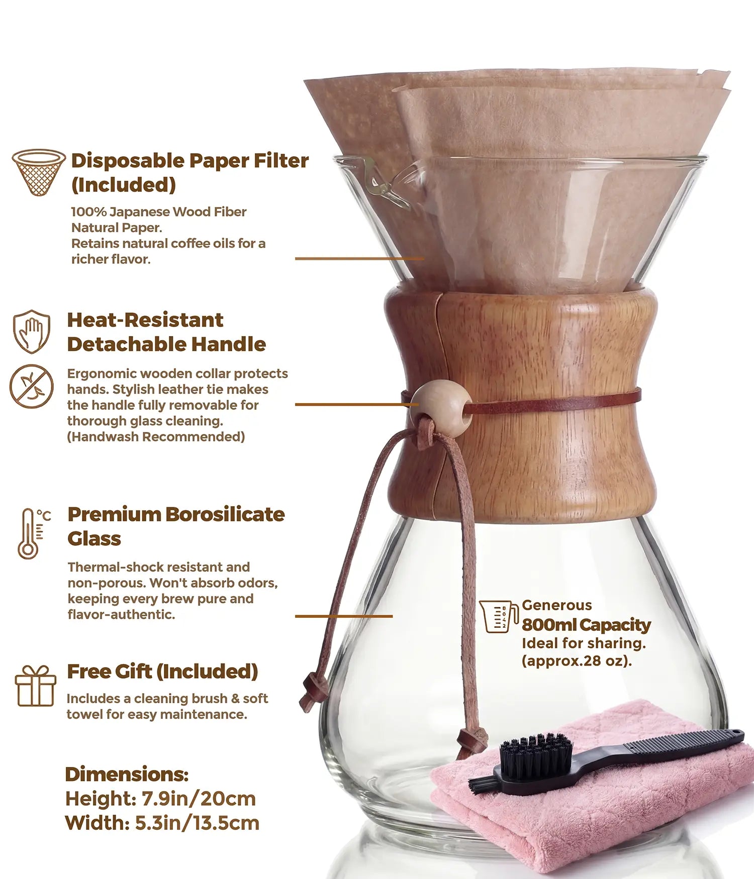 Technical specifications of the AGOGO 800ml slim pour over coffee maker, highlighting the premium borosilicate glass, generous 28oz capacity, and included wood fiber paper filters.