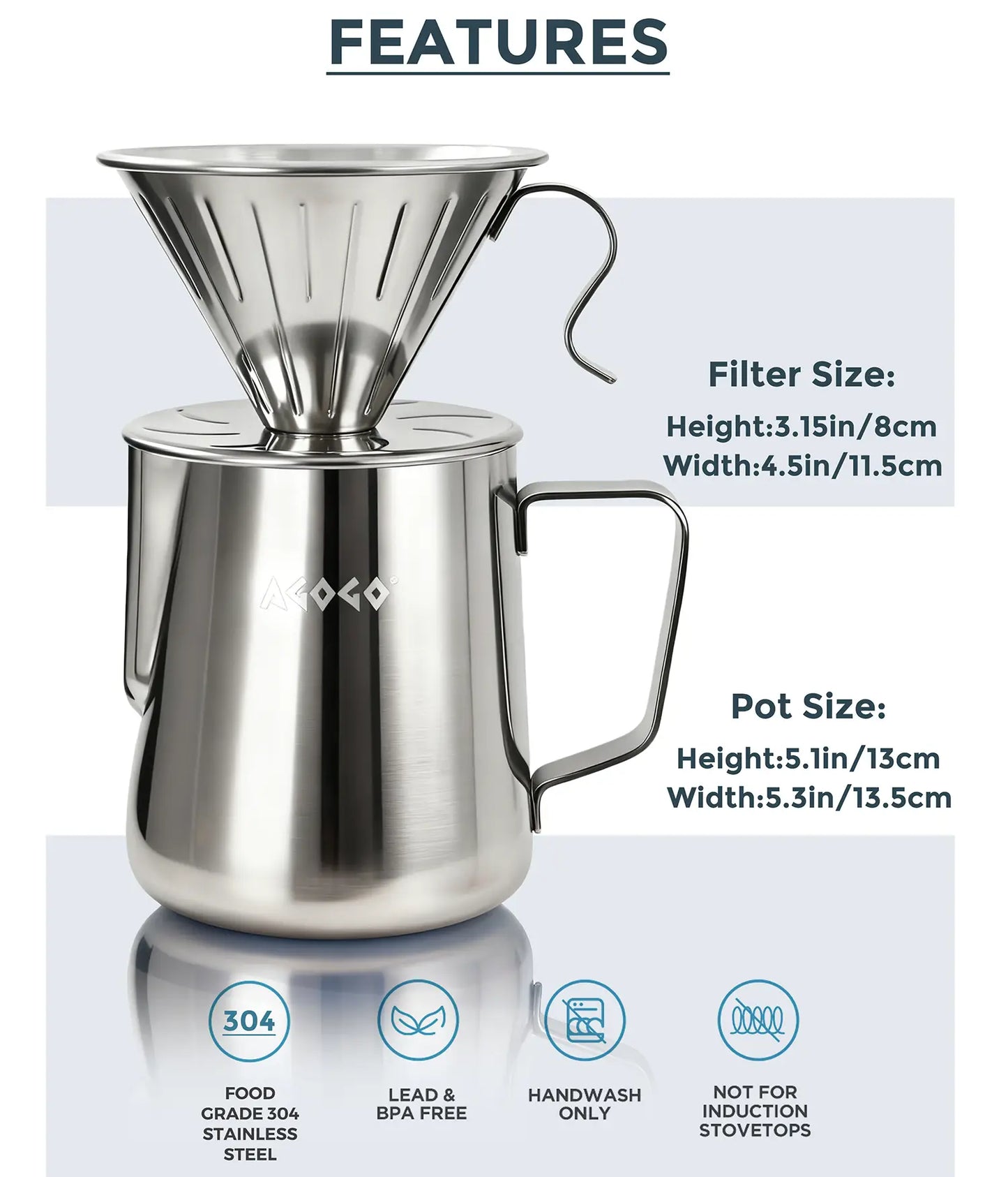 Technical specifications and dimensions of the 900ml AGOGO brushed stainless steel pour over coffee maker, highlighting the highly durable food-grade 304 material and BPA-free construction.