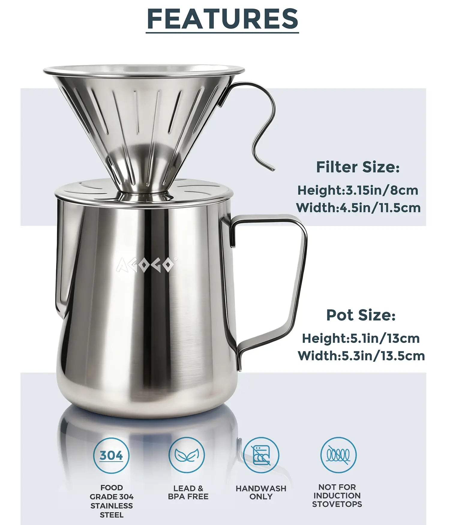 Technical specifications and dimensions of the 900ml AGOGO brushed stainless steel pour over coffee maker, highlighting the highly durable food-grade 304 material and BPA-free construction.
