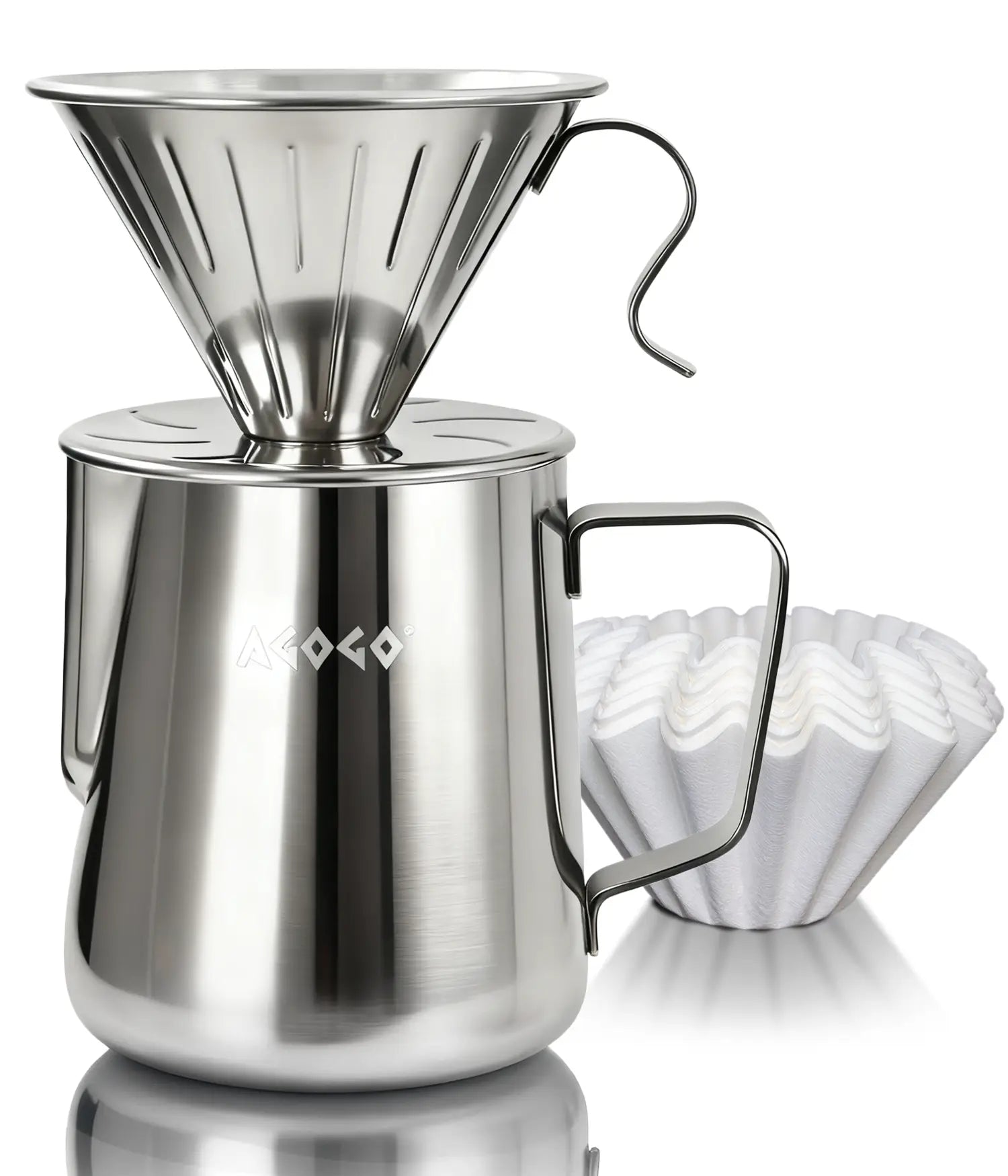 AGOGO 900ml large capacity brushed stainless steel pour over coffee maker set, featuring a rugged unbreakable dripper and premium paper filters on a clean white background.