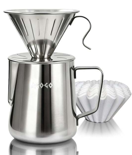 AGOGO 900ml large capacity brushed stainless steel pour over coffee maker set, featuring a rugged unbreakable dripper and premium paper filters on a clean white background.