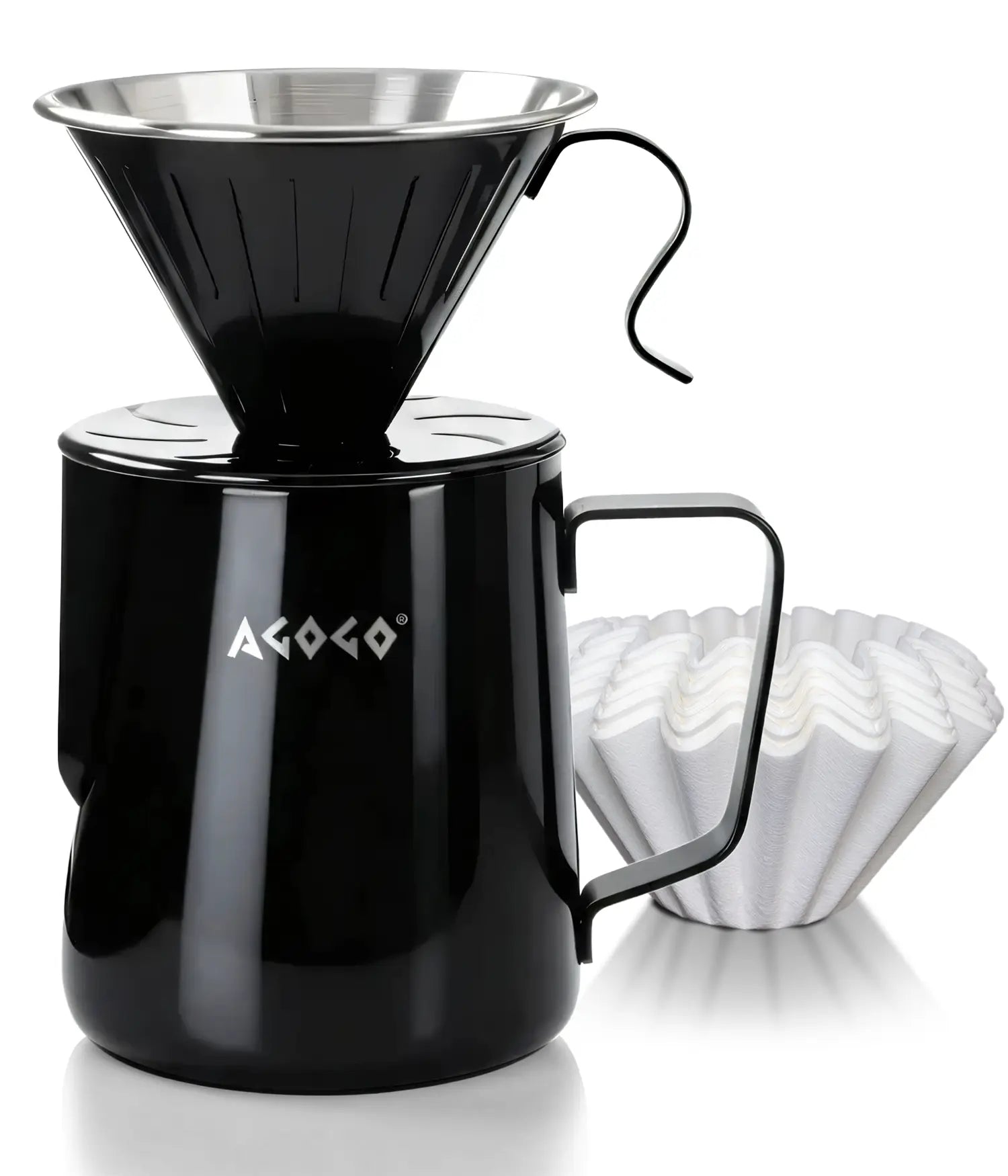 AGOGO 900ml large capacity matte black stainless steel pour over coffee maker set, featuring an unbreakable camping dripper and premium paper filters on a clean white background.