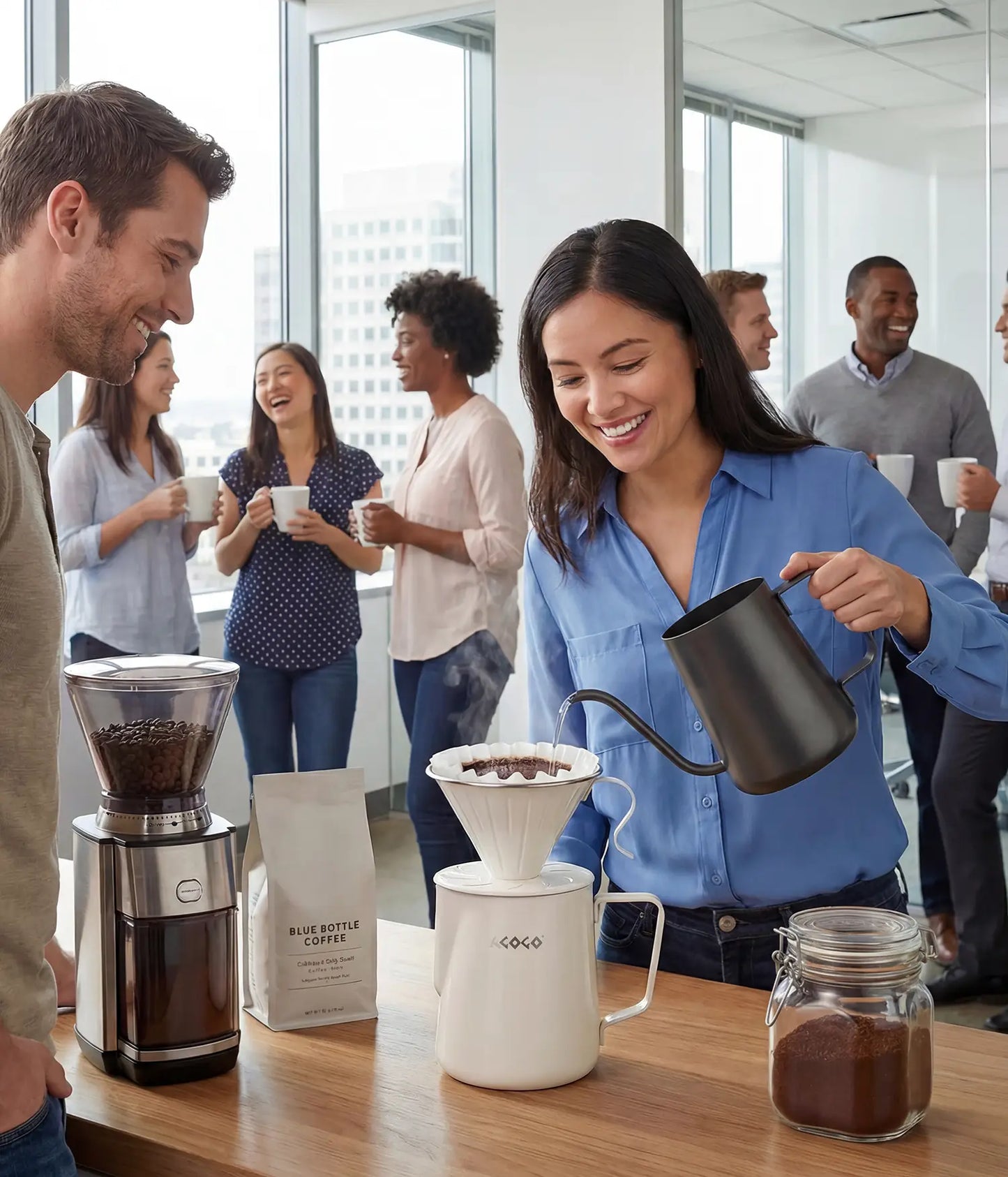 Smiling professional woman preparing a fresh brew with the generous 900ml AGOGO warm cream stainless pour over maker in a bright modern office pantry, ready to share with her team.