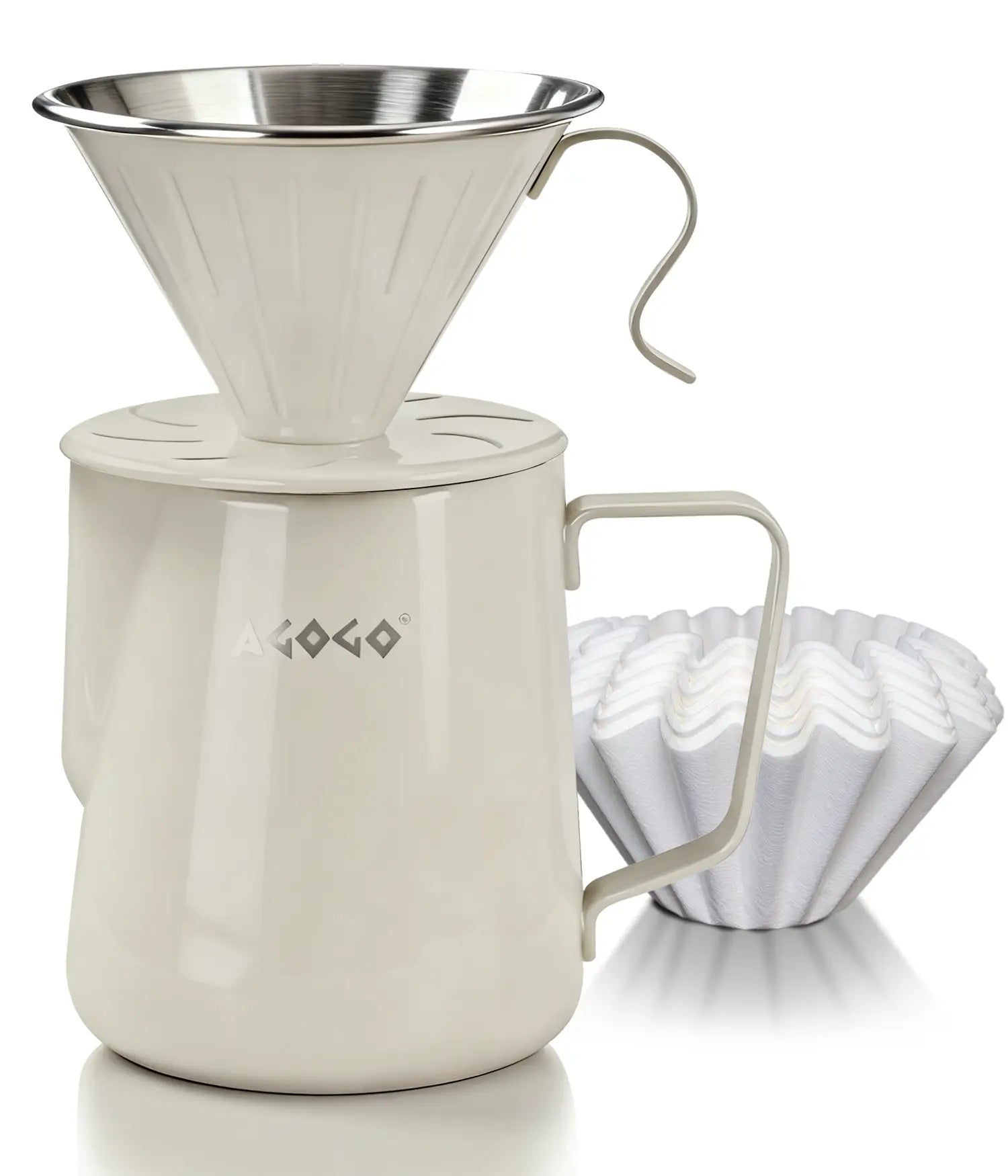 AGOGO 900ml large capacity warm cream stainless steel pour over coffee maker set, featuring an elegant unbreakable dripper and premium paper filters on a clean white background.