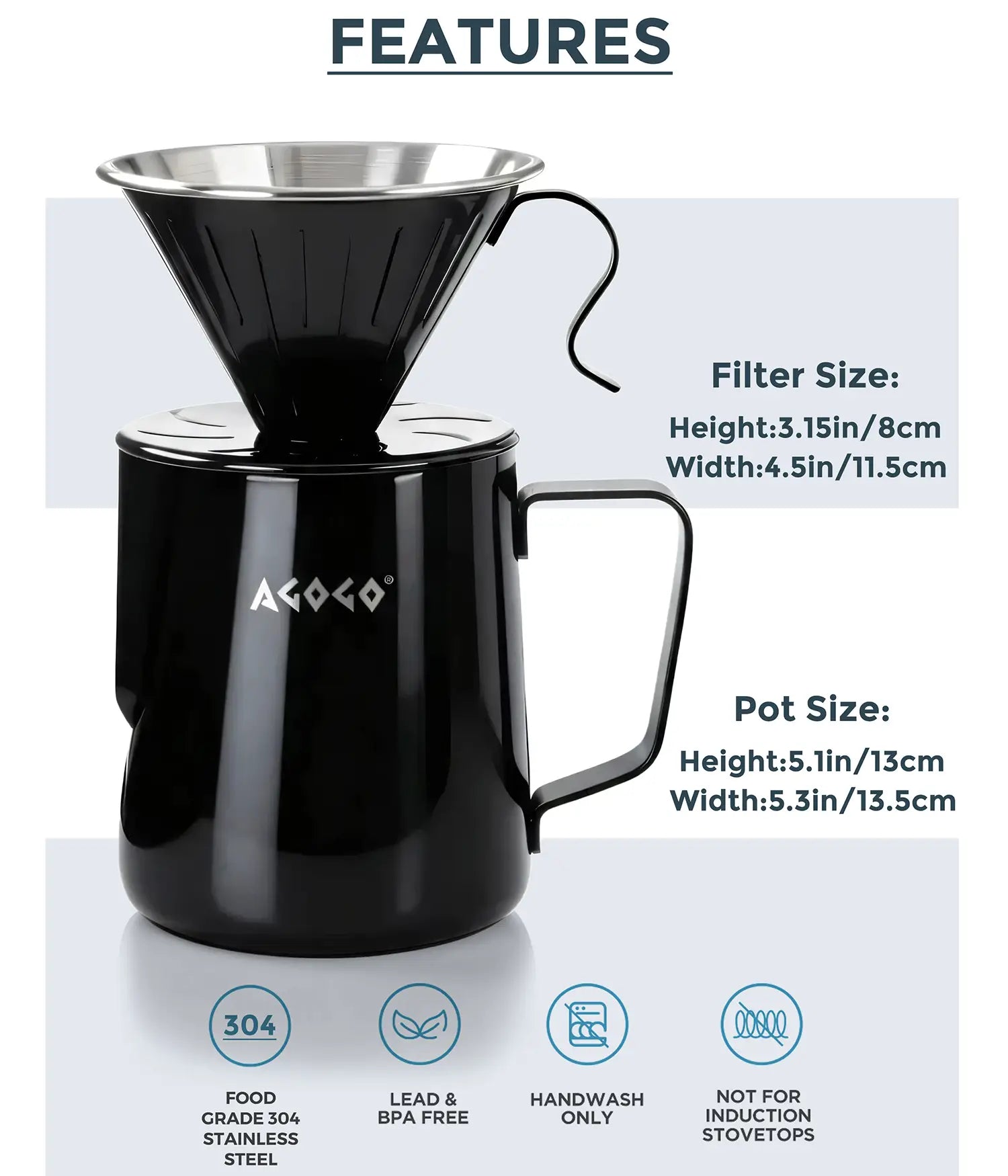 Technical specifications and dimensions of the large 900ml AGOGO matte black stainless steel pour over coffee maker, highlighting the durable food-grade 304 material and BPA-free construction.