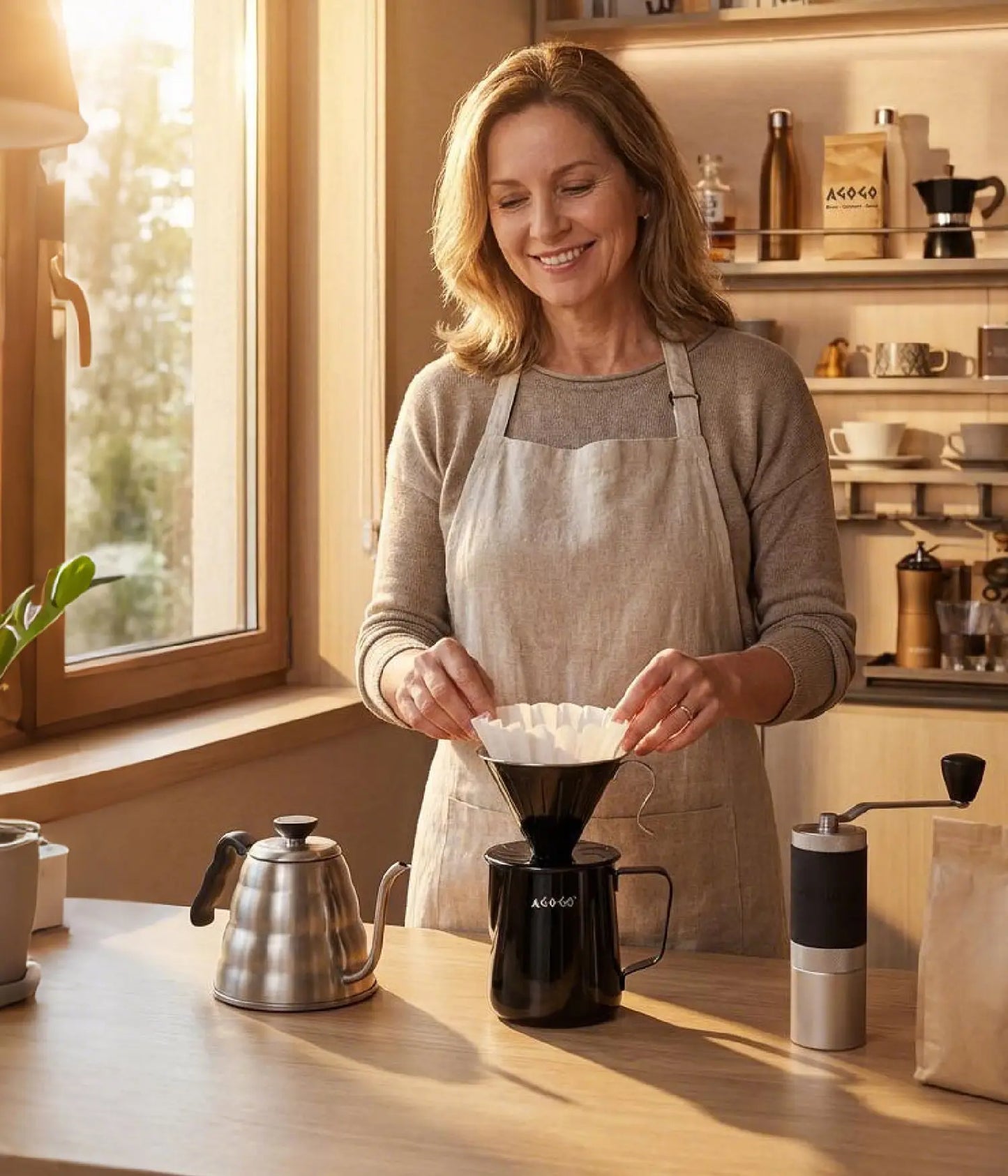 Smiling woman in an apron elegantly brewing a large batch of fresh coffee using the 900ml AGOGO matte black stainless steel pour over dripper in a warm, sunlit earth-tone kitchen.