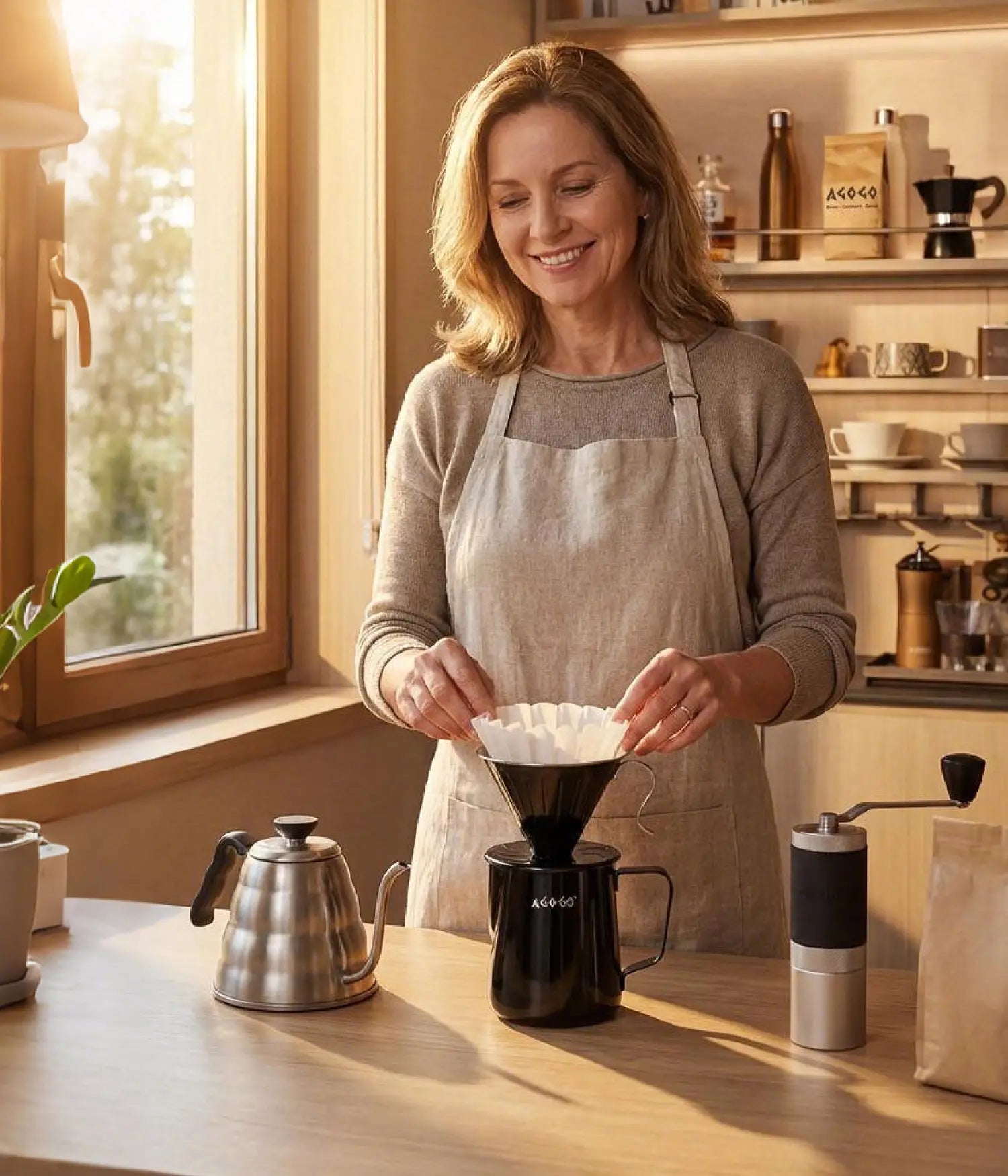 Smiling woman in an apron elegantly brewing a large batch of fresh coffee using the 900ml AGOGO matte black stainless steel pour over dripper in a warm, sunlit earth-tone kitchen.