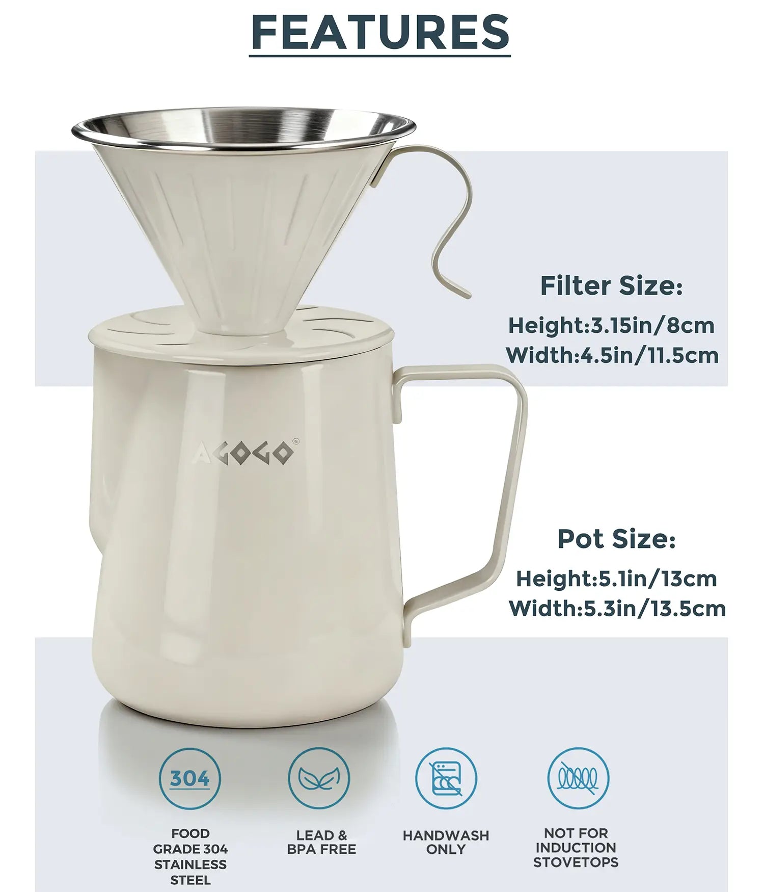 Technical specifications and dimensions of the 900ml AGOGO warm cream stainless steel pour over coffee maker, highlighting the durable food-grade 304 material and BPA-free construction.