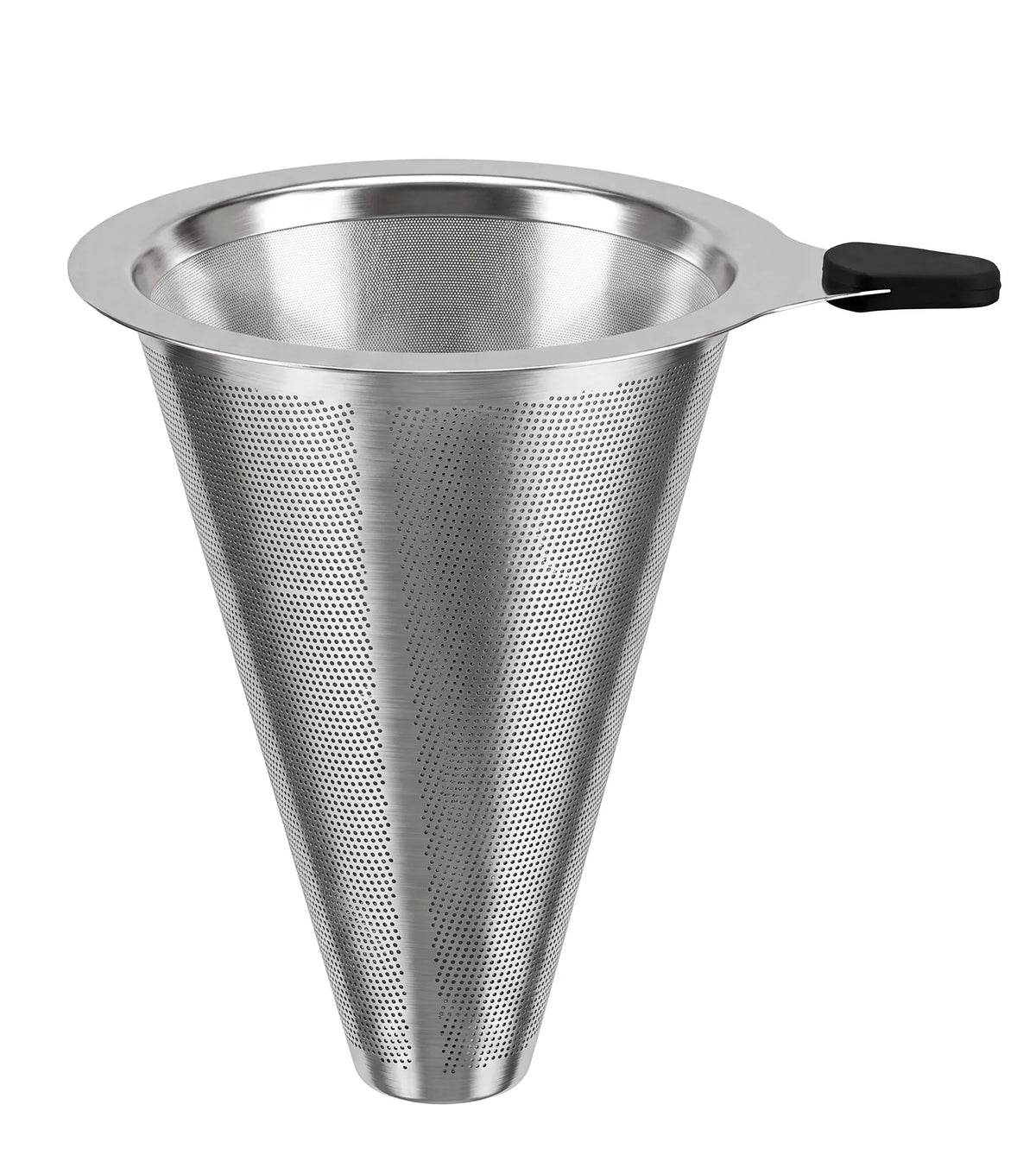 AGOGO 90mm narrow double-layer stainless steel pour-over coffee cone filter featuring a black silicone handle, displayed on a clean white background.