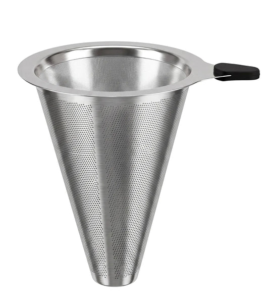 AGOGO 90mm narrow double-layer stainless steel pour-over coffee cone filter featuring a black silicone handle, displayed on a clean white background.