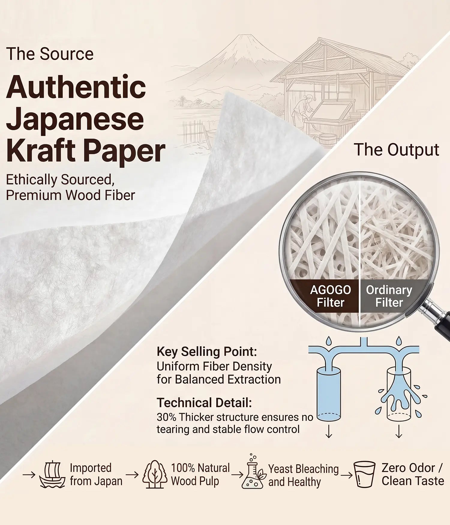 Detailed breakdown of AGOGO authentic Japanese kraft paper coffee filters, highlighting the uniform wood fiber density and 30% thicker structure for a perfectly balanced extraction and clean taste.