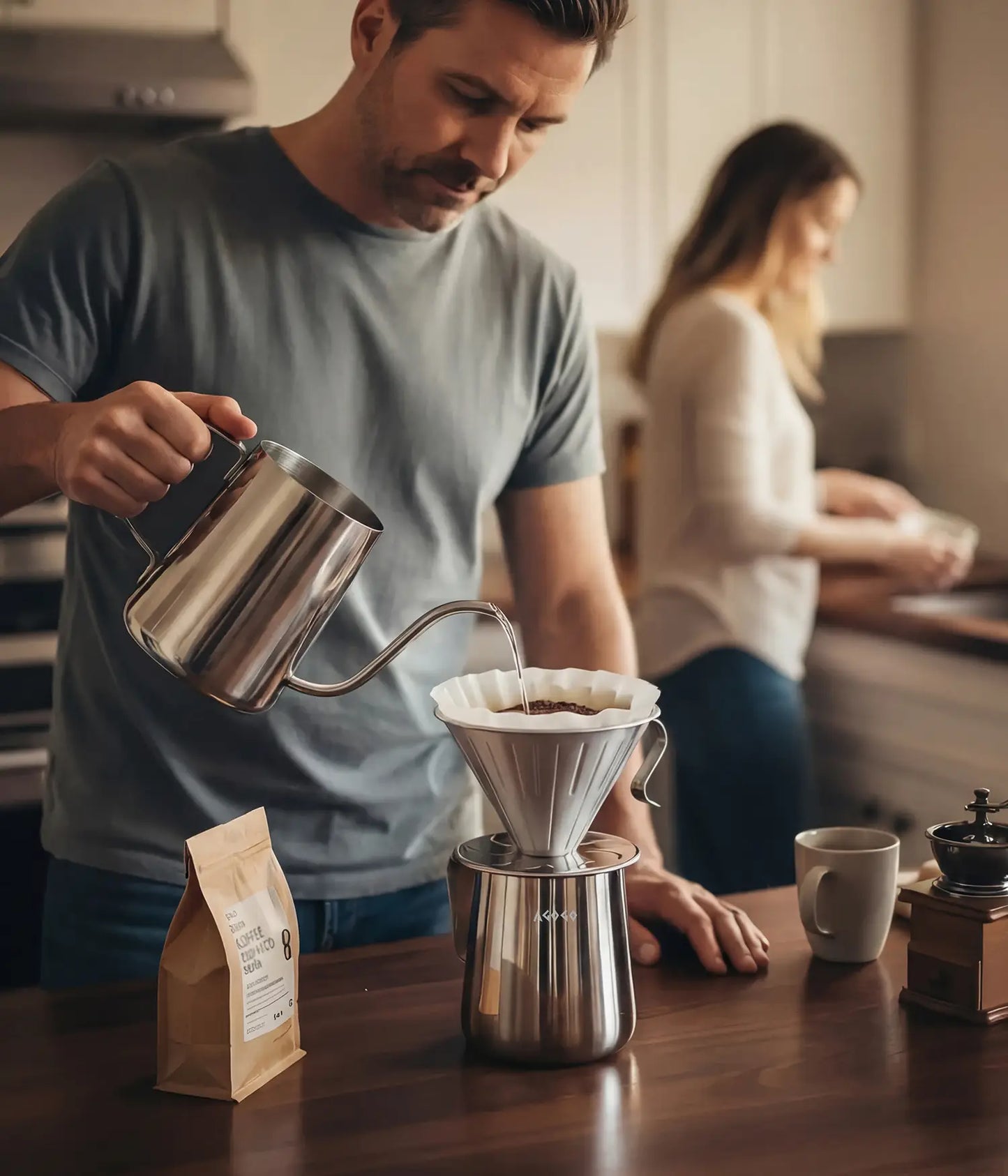 Man carefully pouring hot water to brew fresh coffee using the highly durable AGOGO 600ml brushed stainless steel pour over dripper in a warm, modern kitchen.