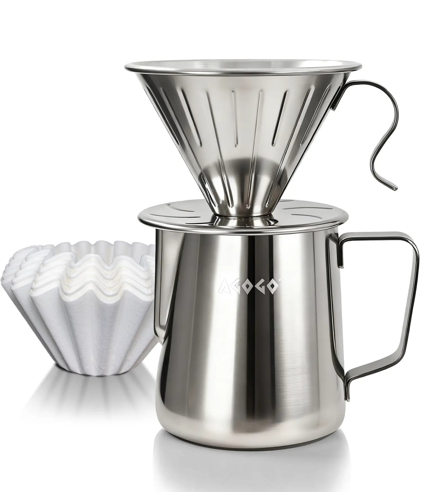 AGOGO 600ml brushed stainless steel pour over coffee maker set, featuring a rugged unbreakable dripper and premium paper filters on a clean white background.