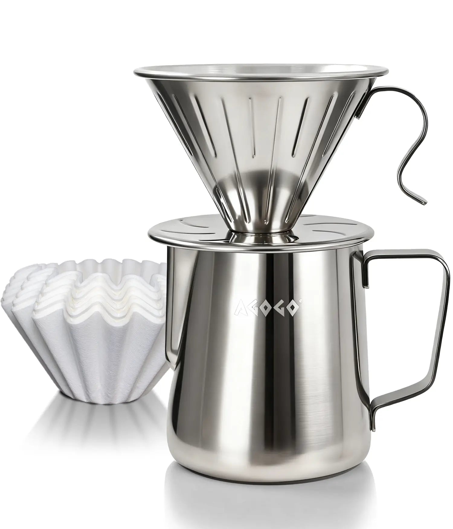 AGOGO 600ml brushed stainless steel pour over coffee maker set, featuring a rugged unbreakable dripper and premium paper filters on a clean white background.