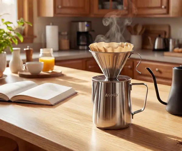 AGOGO brushed stainless steel pour over coffee maker steaming on a warm wooden countertop in a modern styled home kitchen.