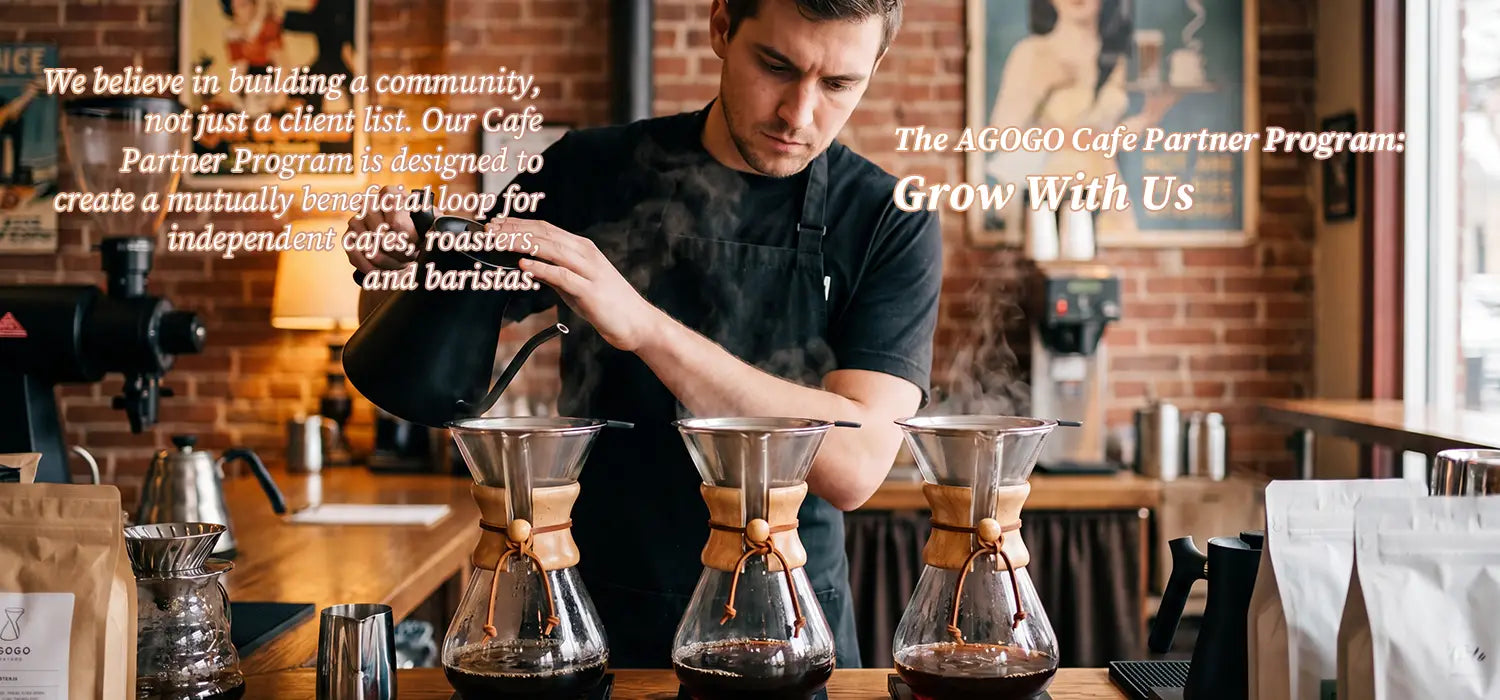 A professional barista brewing fresh pour-over coffee using multiple AGOGO high-borosilicate glass drippers in a brick-walled cafe, featuring the text "The AGOGO Cafe Partner Program: Grow With Us