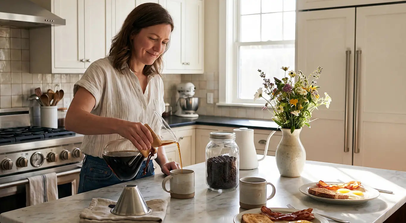 Woman pouring fresh coffee from the 34oz AGOGO classic glass pour over maker in a sunlit kitchen, featuring the reusable stainless steel filter.
