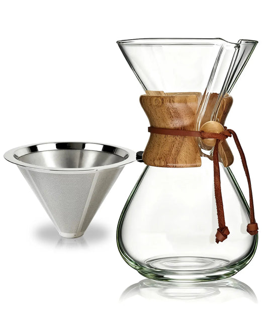 AGOGO classic glass pour over coffee maker set featuring a 34oz thermal carafe, dual-layer stainless steel filter, and minimalist white packaging.